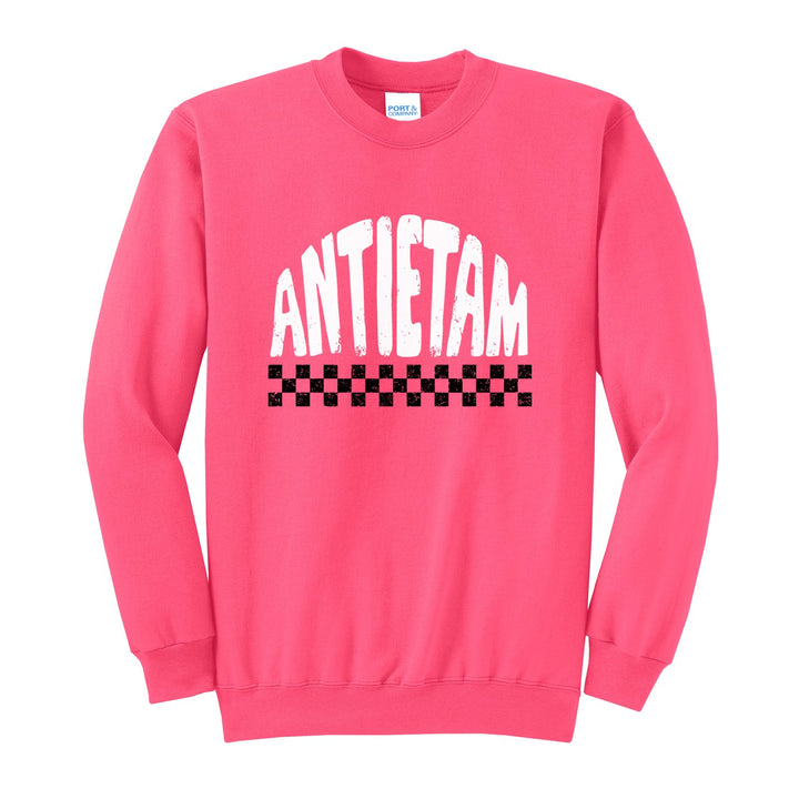 Antietam Mountaineers Checkered crewneck sweatshirt in Neon Pink: distressed ANTIETAM lettering over a checkerboard band