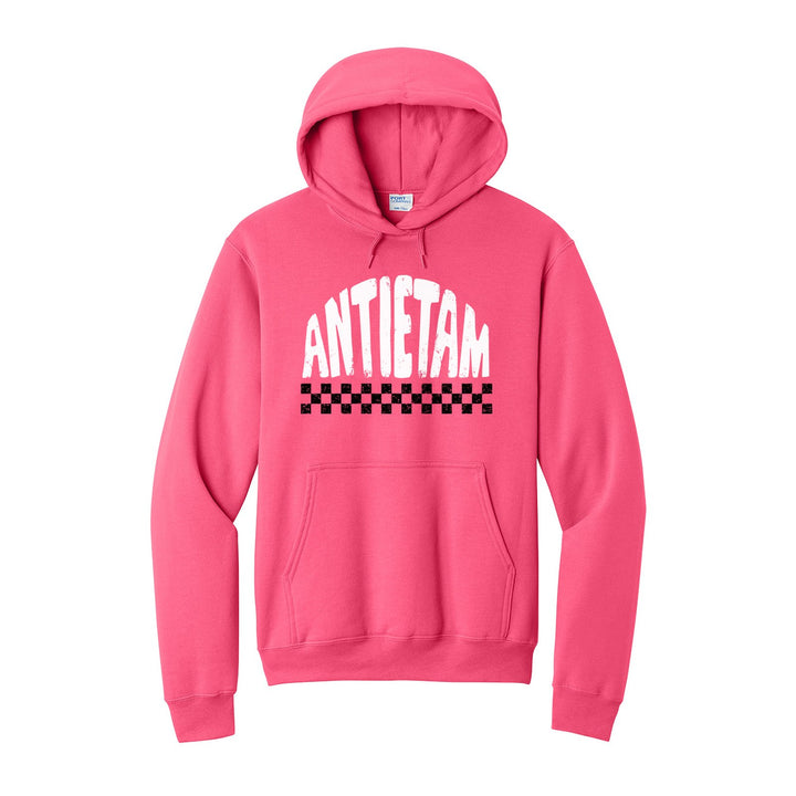 Antietam Mountaineers Checkered hoodie in Neon Pink: distressed ANTIETAM lettering over a checkerboard band