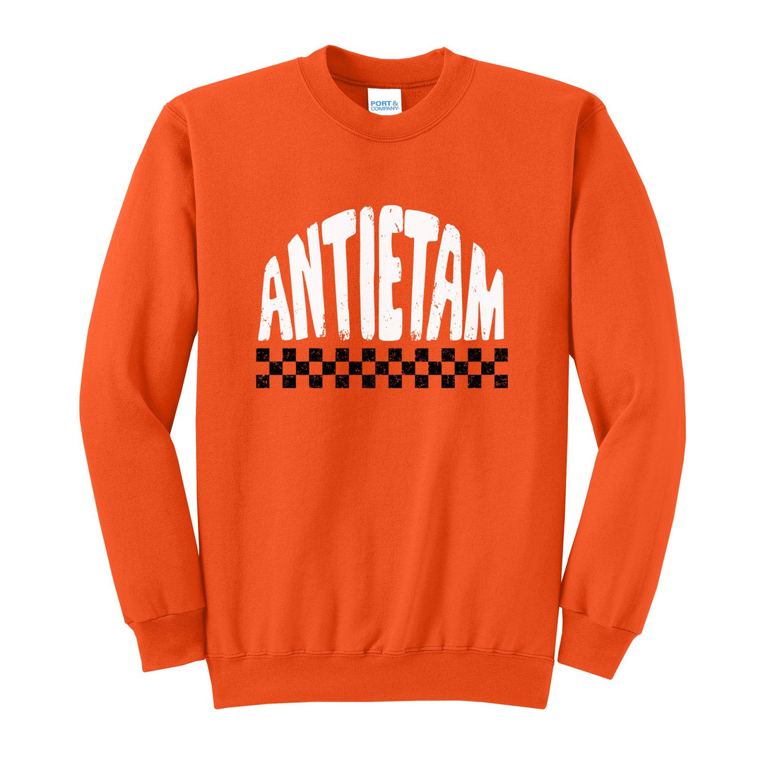 Antietam Mountaineers Checkered crewneck sweatshirt in Orange: distressed ANTIETAM lettering over a checkerboard band