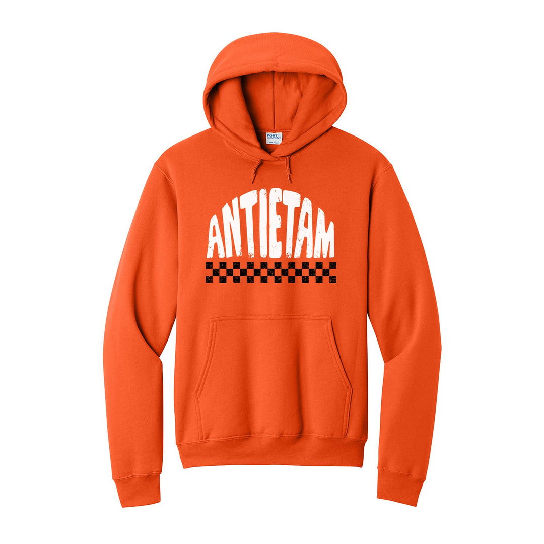 Antietam Mountaineers Checkered hoodie in Orange: distressed ANTIETAM lettering over a checkerboard band