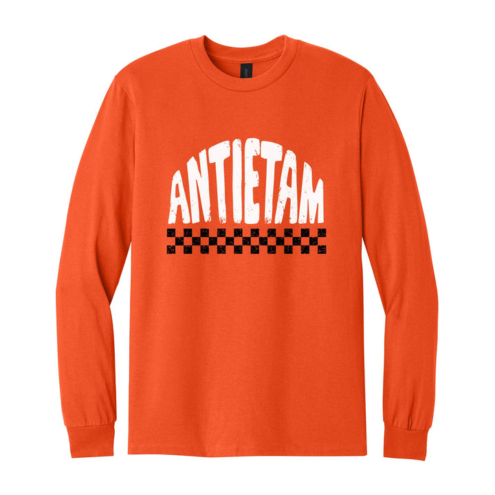 Antietam Mountaineers Checkered long sleeve t-shirt in Orange: distressed ANTIETAM lettering over a checkerboard band