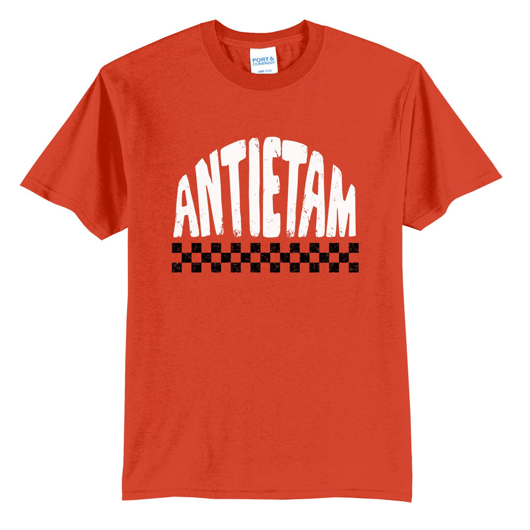 Antietam Mountaineers Checkered t-shirt in Orange: distressed ANTIETAM lettering over a checkerboard band