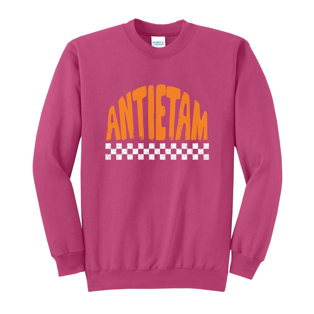 Antietam Mountaineers Checkered crewneck sweatshirt in Sangria: distressed ANTIETAM lettering over a checkerboard band