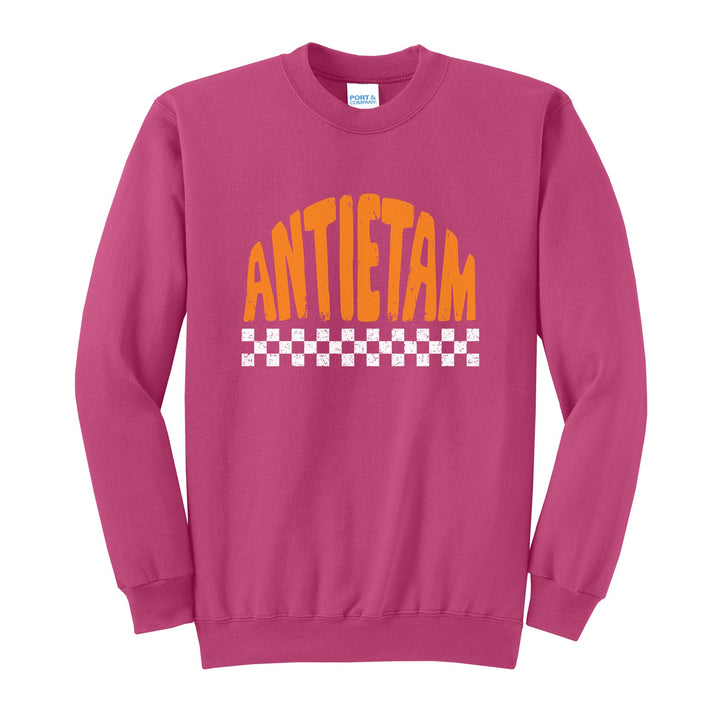 Antietam Mountaineers Checkered crewneck sweatshirt in Sangria: distressed ANTIETAM lettering over a checkerboard band