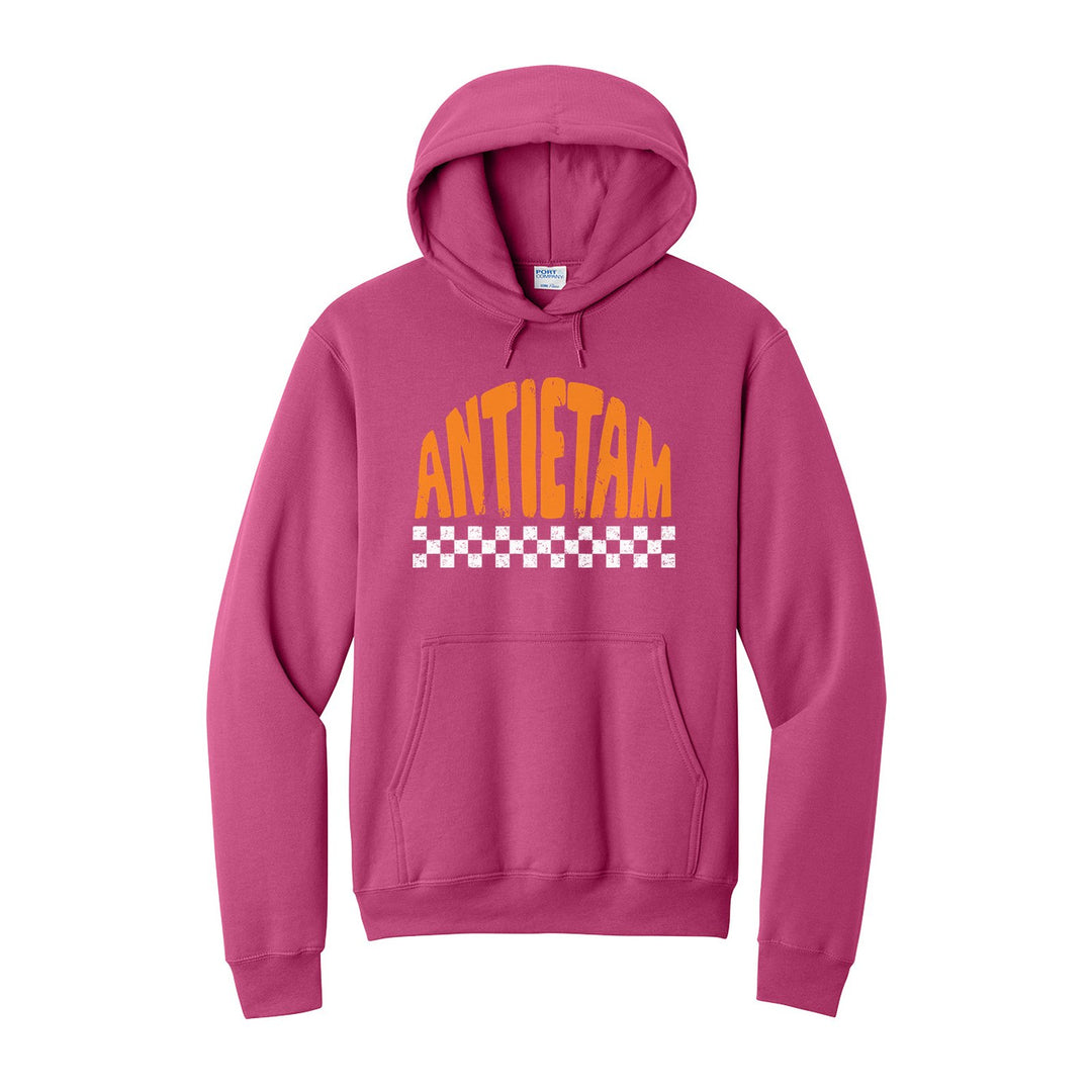 Antietam Mountaineers Checkered hoodie in Sangria: distressed ANTIETAM lettering over a checkerboard band