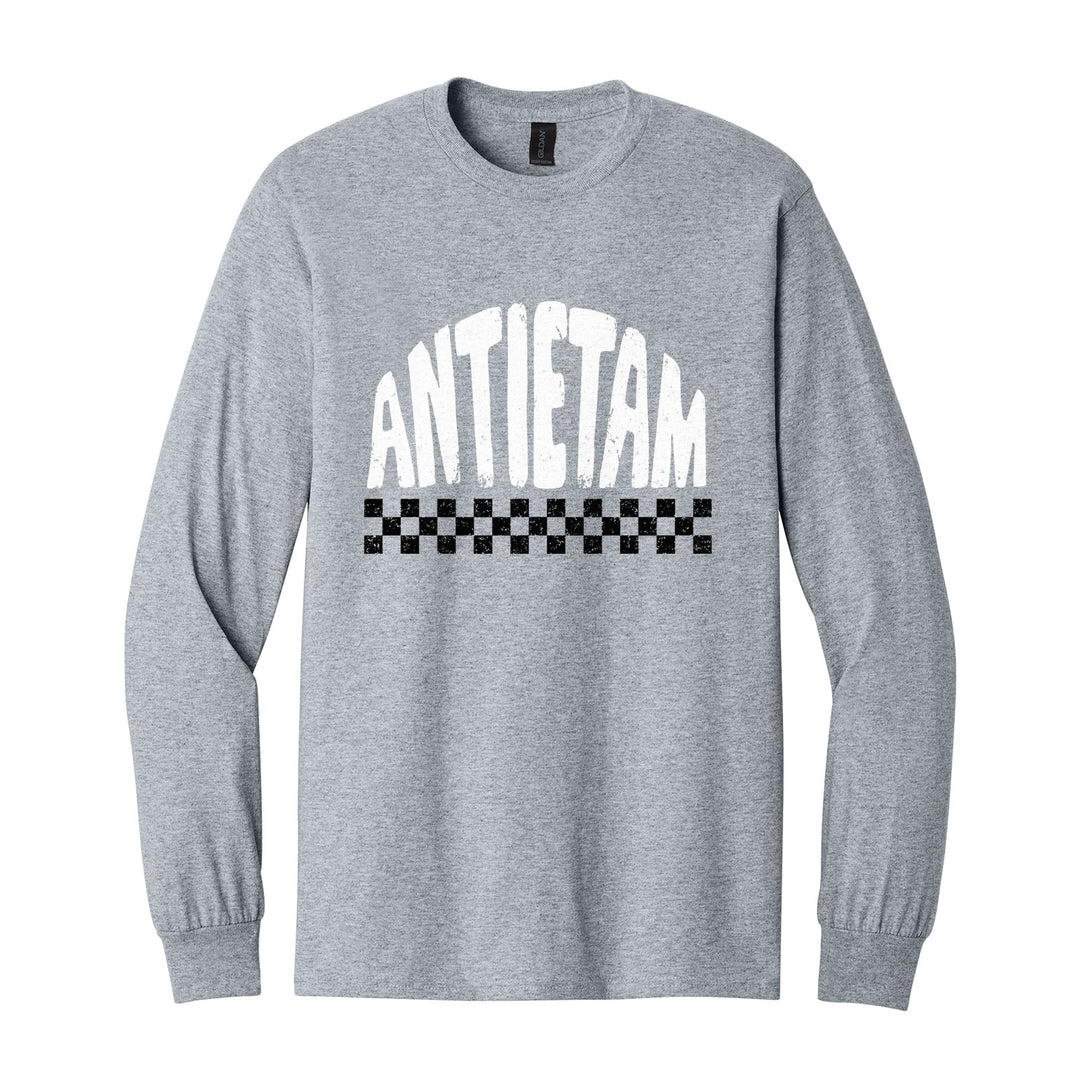 Antietam Mountaineers Checkered long sleeve t-shirt in Sport Grey: distressed ANTIETAM lettering over a checkerboard band