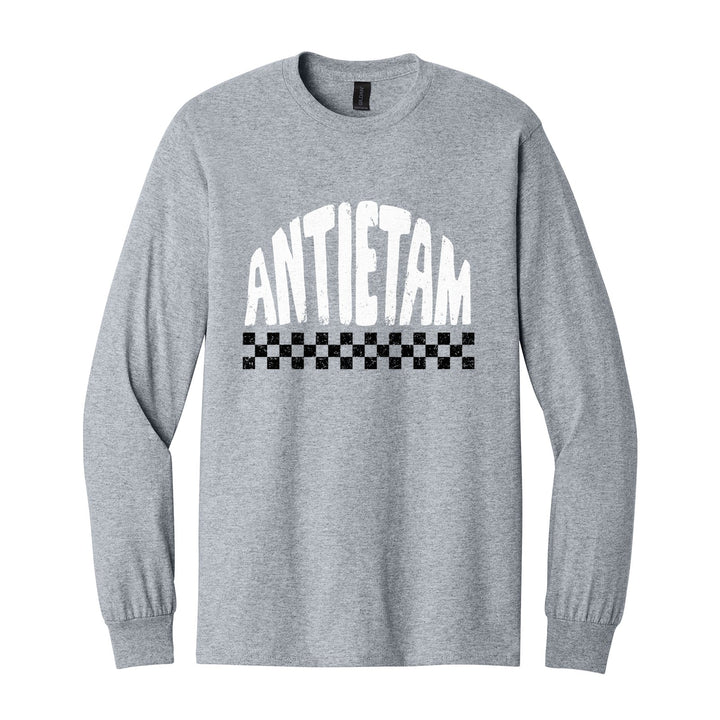 Antietam Mountaineers Checkered long sleeve t-shirt in Sport Grey: distressed ANTIETAM lettering over a checkerboard band