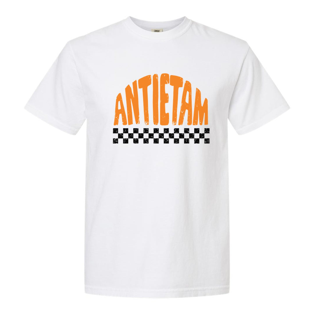 Antietam Mountaineers Checkered comfort colors t-shirt in White: distressed ANTIETAM lettering over a checkerboard band