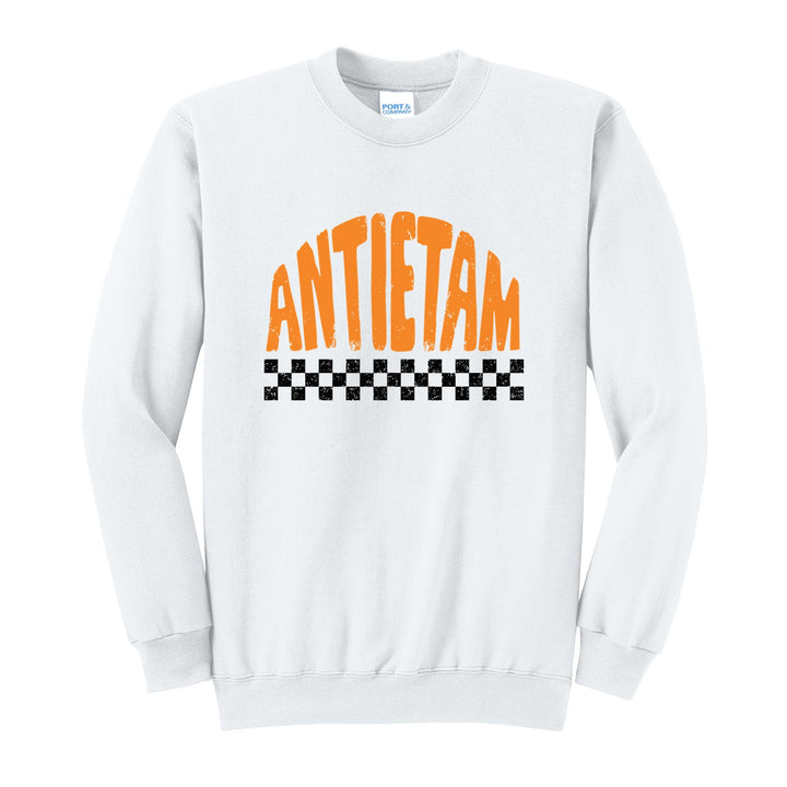Antietam Mountaineers Checkered crewneck sweatshirt in White: distressed ANTIETAM lettering over a checkerboard band