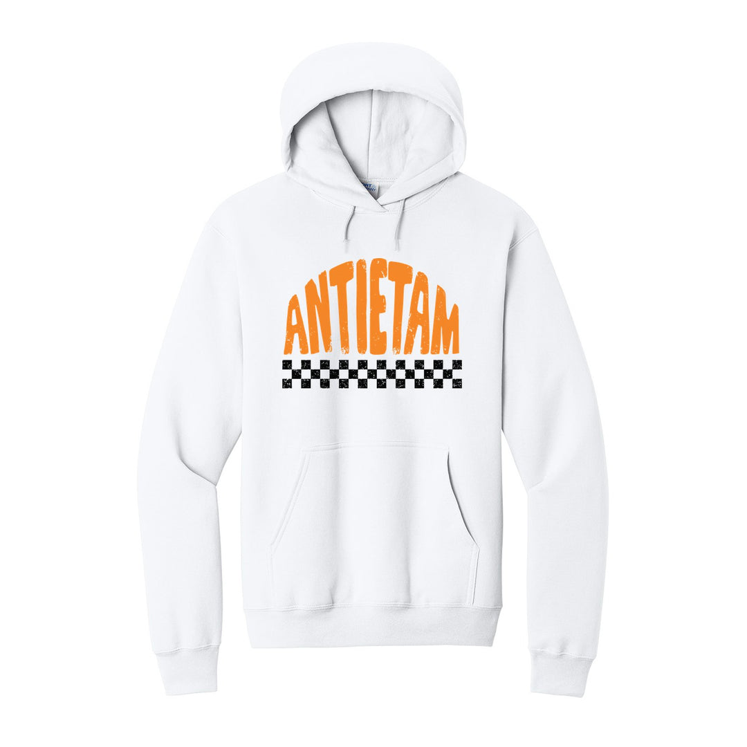 Antietam Mountaineers Checkered hoodie in White: distressed ANTIETAM lettering over a checkerboard band