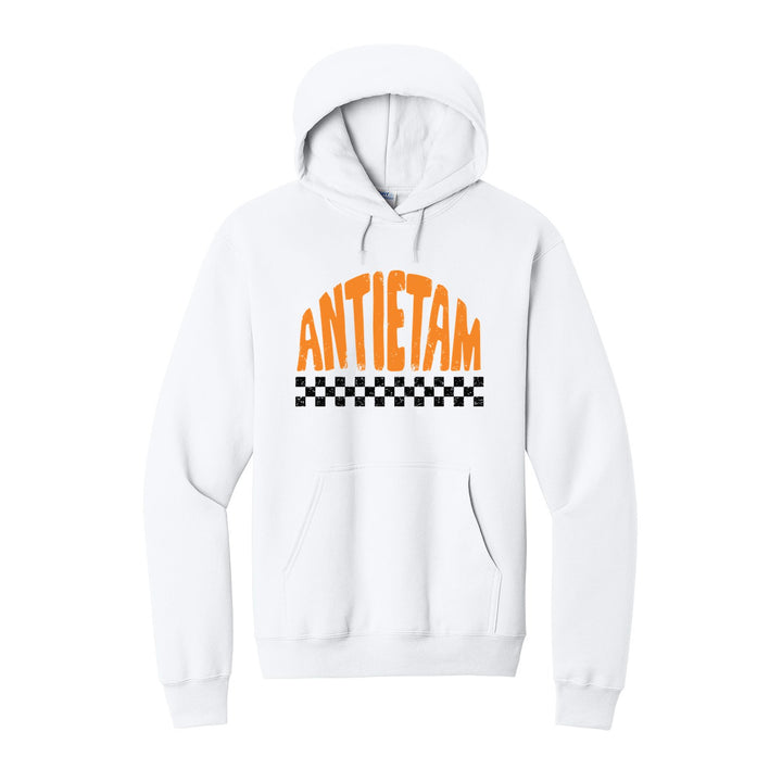 Antietam Mountaineers Checkered hoodie in White: distressed ANTIETAM lettering over a checkerboard band