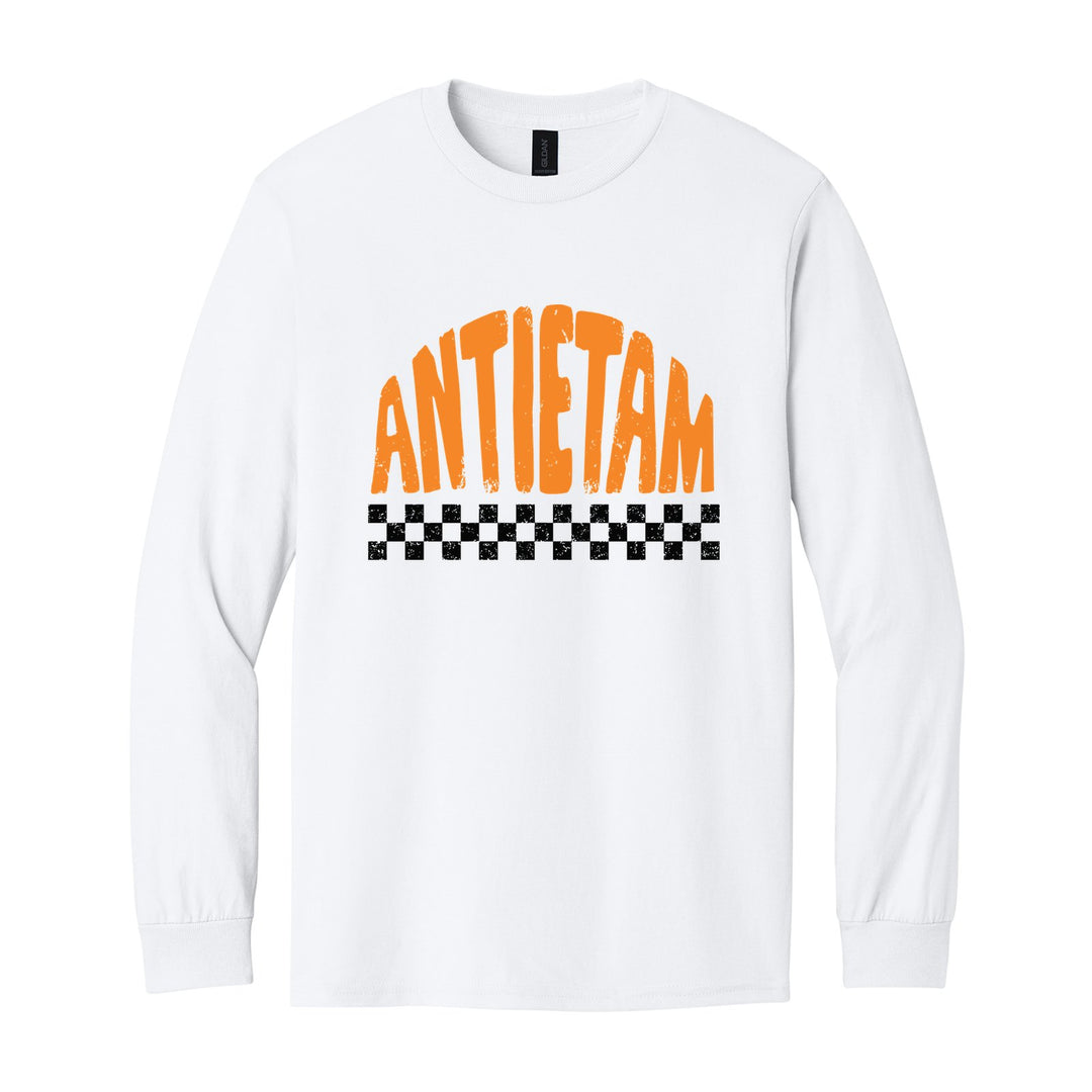 Antietam Mountaineers Checkered long sleeve t-shirt in White: distressed ANTIETAM lettering over a checkerboard band