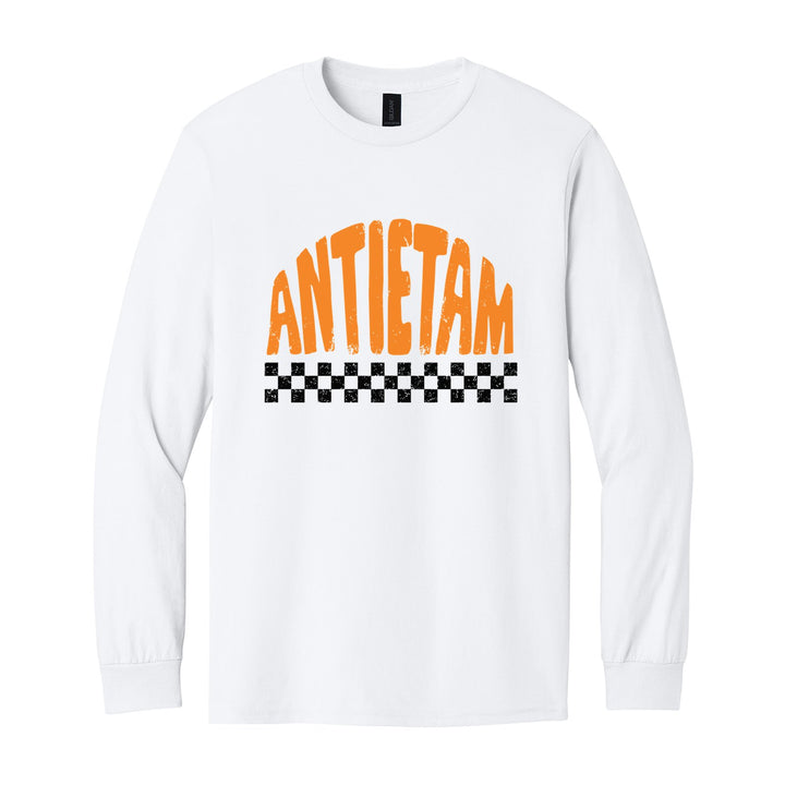 Antietam Mountaineers Checkered long sleeve t-shirt in White: distressed ANTIETAM lettering over a checkerboard band