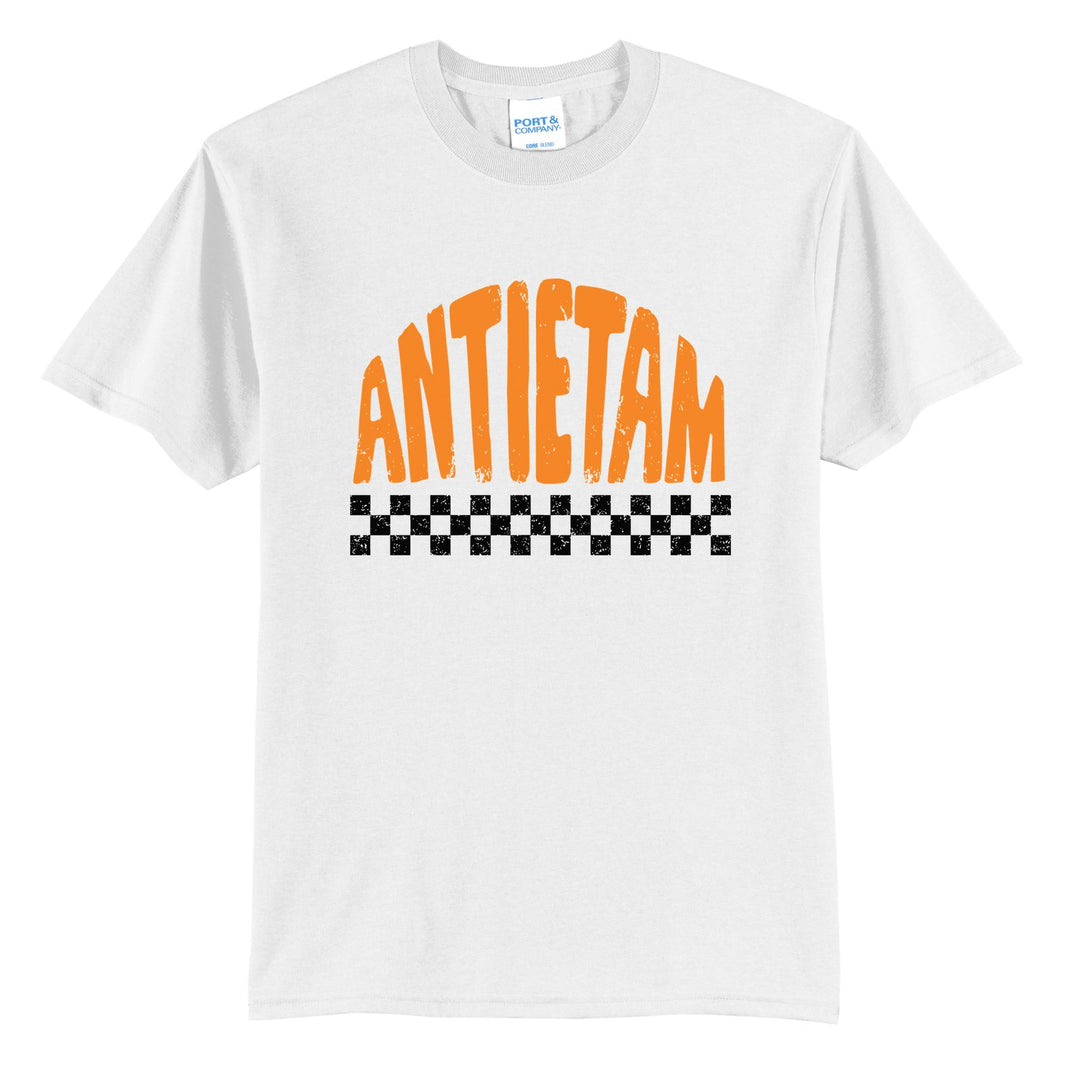Antietam Mountaineers Checkered t-shirt in White: distressed ANTIETAM lettering over a checkerboard band