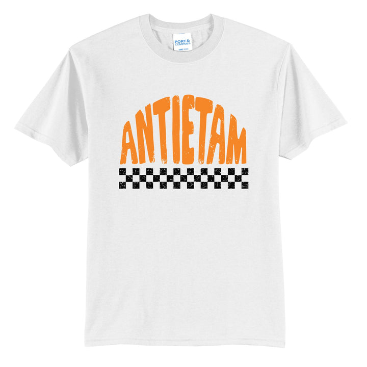 Antietam Mountaineers Checkered t-shirt in White: distressed ANTIETAM lettering over a checkerboard band
