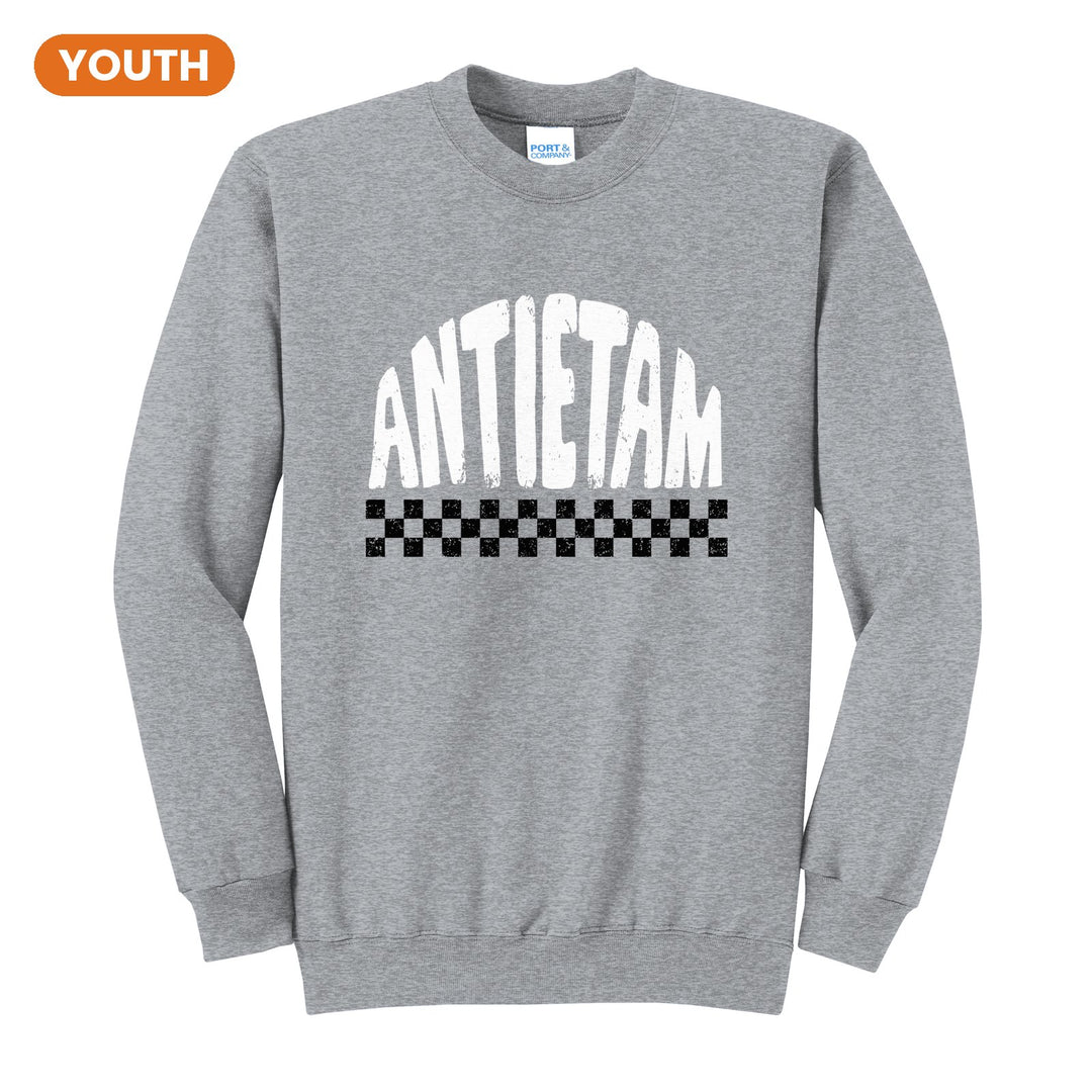 Antietam Mountaineers Checkered youth crewneck sweatshirt in Athletic Heather: distressed ANTIETAM lettering over a checkerboard band
