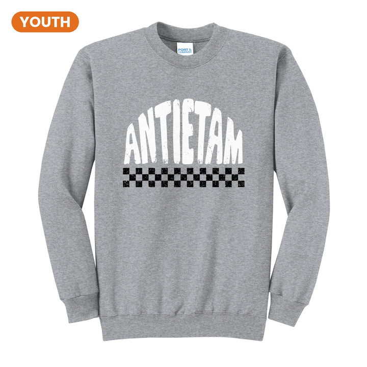 Antietam Mountaineers Checkered youth crewneck sweatshirt in Athletic Heather: distressed ANTIETAM lettering over a checkerboard band