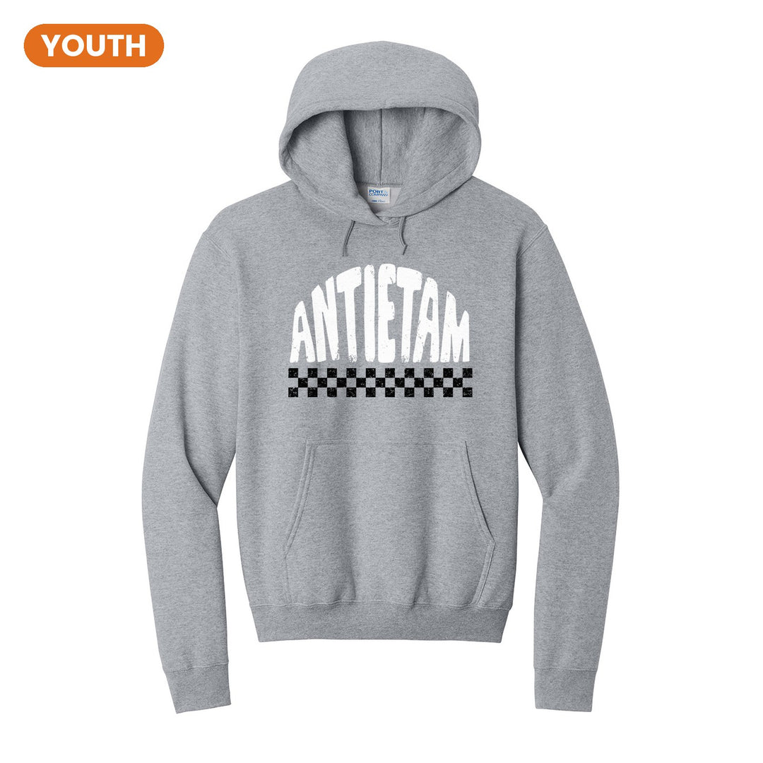Antietam Mountaineers Checkered youth hoodie in Athletic Heather: distressed ANTIETAM lettering over a checkerboard band