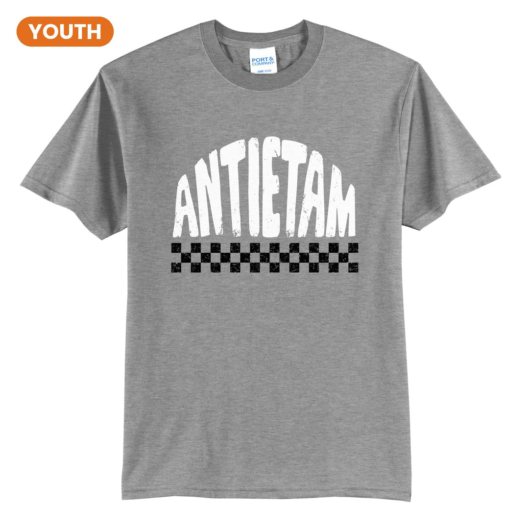 Antietam Mountaineers Checkered youth t-shirt in Athletic Heather: distressed ANTIETAM lettering over a checkerboard band