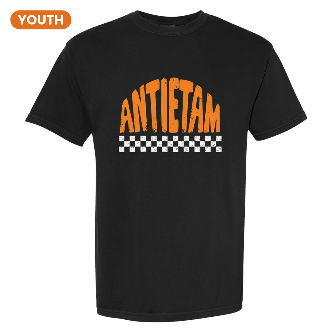 Antietam Mountaineers Checkered youth comfort colors t-shirt in Black: distressed ANTIETAM lettering over a checkerboard band