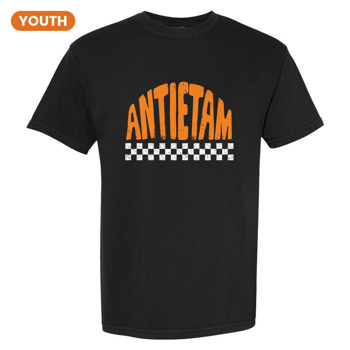 Antietam Mountaineers Checkered youth comfort colors t-shirt in Black: distressed ANTIETAM lettering over a checkerboard band