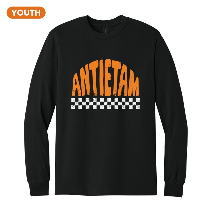Antietam Mountaineers Checkered youth long sleeve t-shirt in Black: distressed ANTIETAM lettering over a checkerboard band