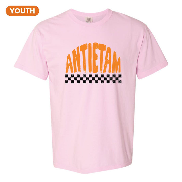 Antietam Mountaineers Checkered youth comfort colors t-shirt in Blossom: distressed ANTIETAM lettering over a checkerboard band
