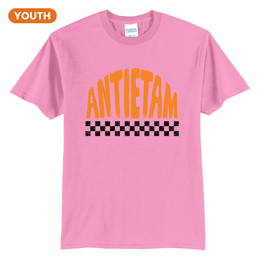 Antietam Mountaineers Checkered youth t-shirt in Candy Pink: distressed ANTIETAM lettering over a checkerboard band