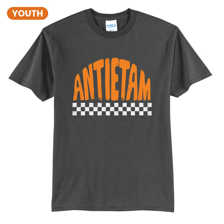 Antietam Mountaineers Checkered youth t-shirt in Charcoal: distressed ANTIETAM lettering over a checkerboard band