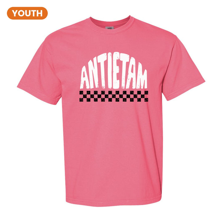 Antietam Mountaineers Checkered youth comfort colors t-shirt in Crunchberry: distressed ANTIETAM lettering over a checkerboard band