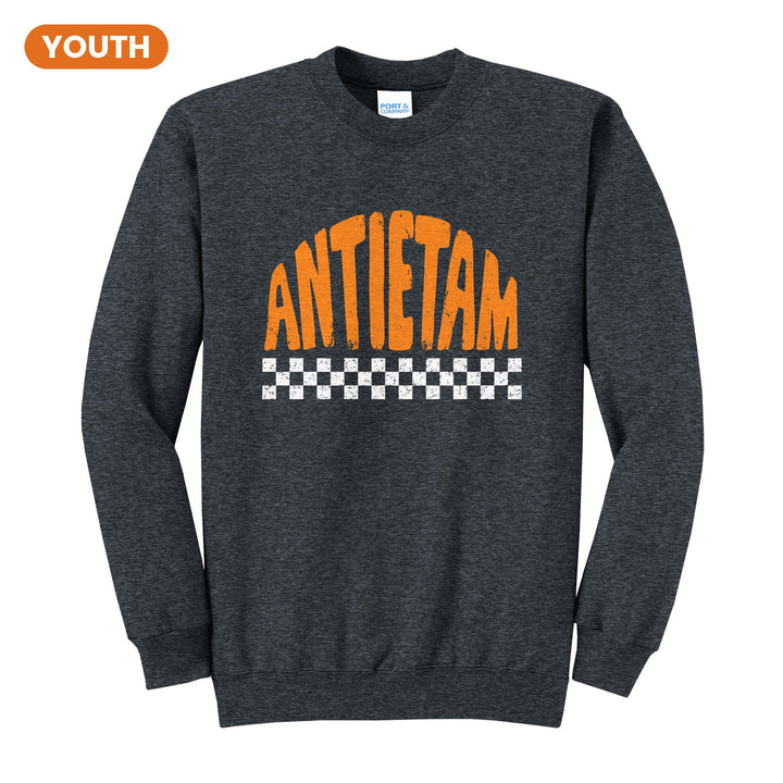 Antietam Mountaineers Checkered youth crewneck sweatshirt in Dark Heather Grey: distressed ANTIETAM lettering over a checkerboard band