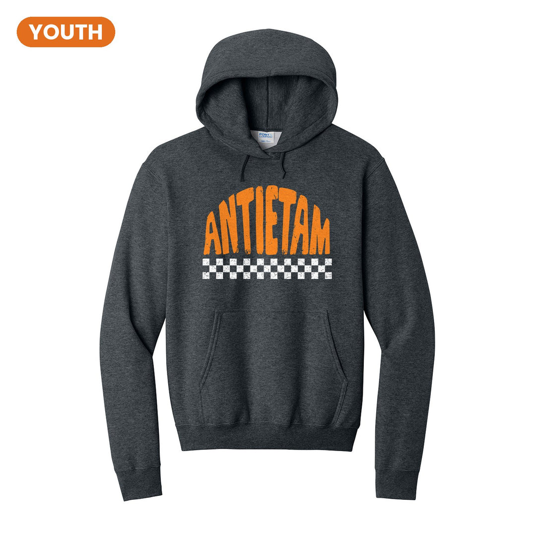 Antietam Mountaineers Checkered youth hoodie in Dark Heather Grey: distressed ANTIETAM lettering over a checkerboard band