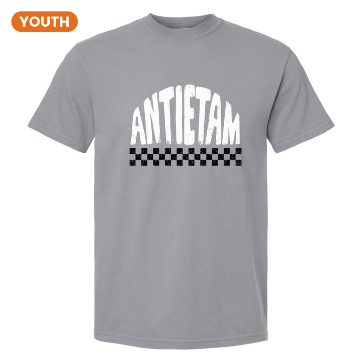 Antietam Mountaineers Checkered youth comfort colors t-shirt in Granite: distressed ANTIETAM lettering over a checkerboard band