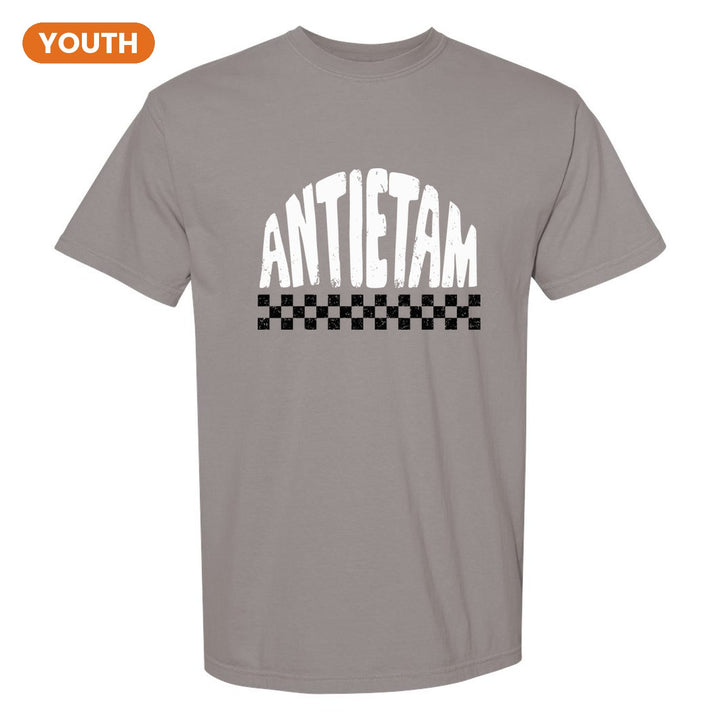 Antietam Mountaineers Checkered youth comfort colors t-shirt in Grey: distressed ANTIETAM lettering over a checkerboard band