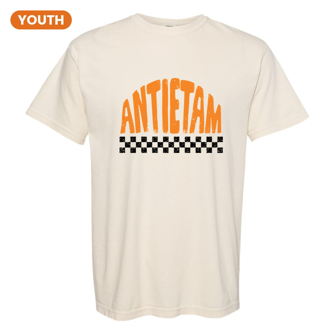 Antietam Mountaineers Checkered youth comfort colors t-shirt in Ivory: distressed ANTIETAM lettering over a checkerboard band