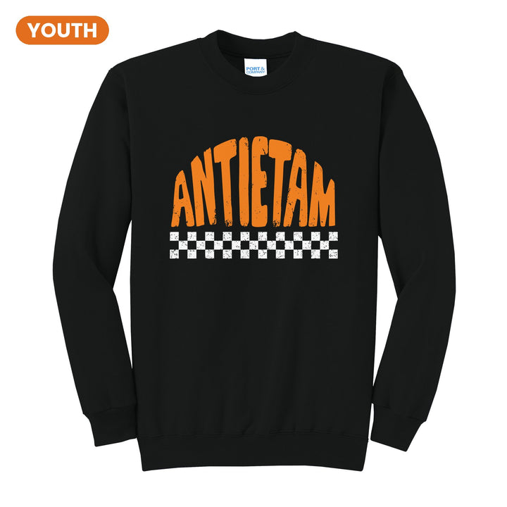 Antietam Mountaineers Checkered youth crewneck sweatshirt in Jet Black: distressed ANTIETAM lettering over a checkerboard band