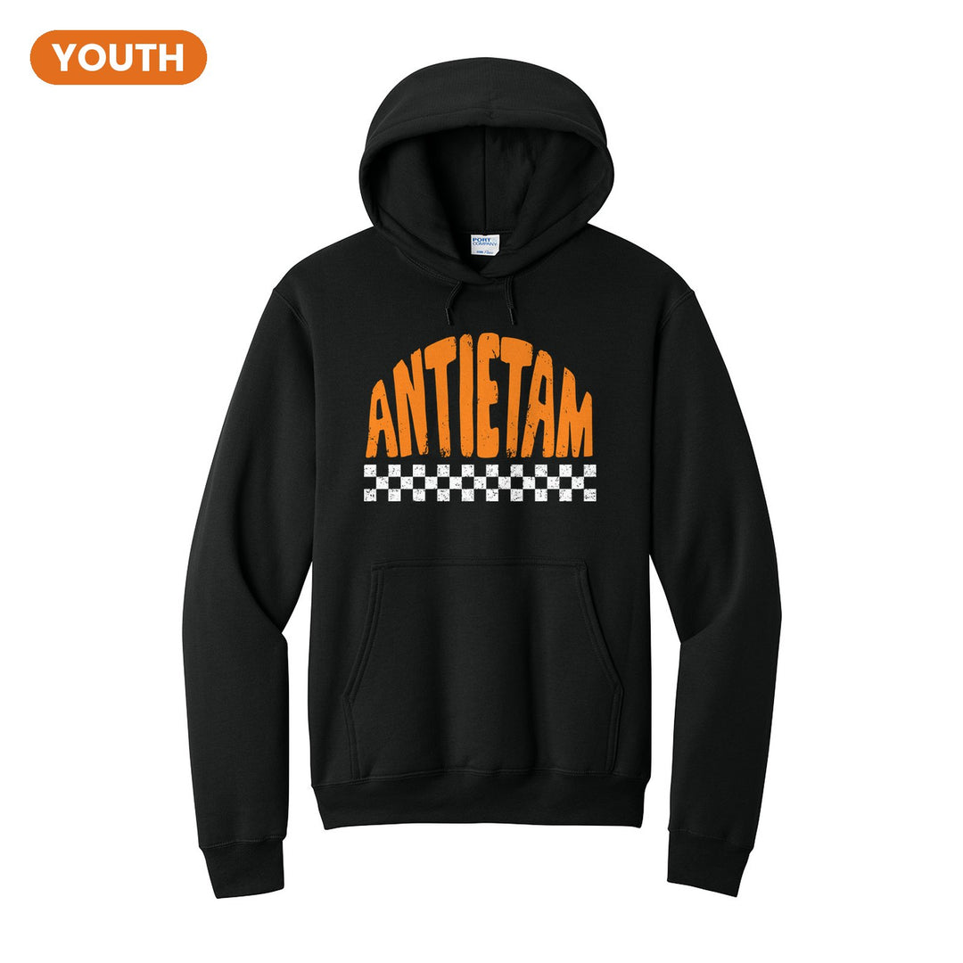 Antietam Mountaineers Checkered youth hoodie in Jet Black: distressed ANTIETAM lettering over a checkerboard band