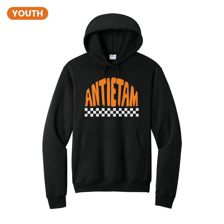 Antietam Mountaineers Checkered youth hoodie in Jet Black: distressed ANTIETAM lettering over a checkerboard band