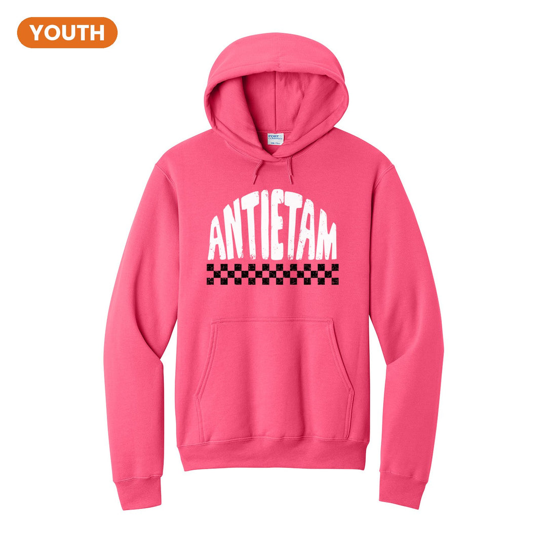 Antietam Mountaineers Checkered youth hoodie in Neon Pink: distressed ANTIETAM lettering over a checkerboard band