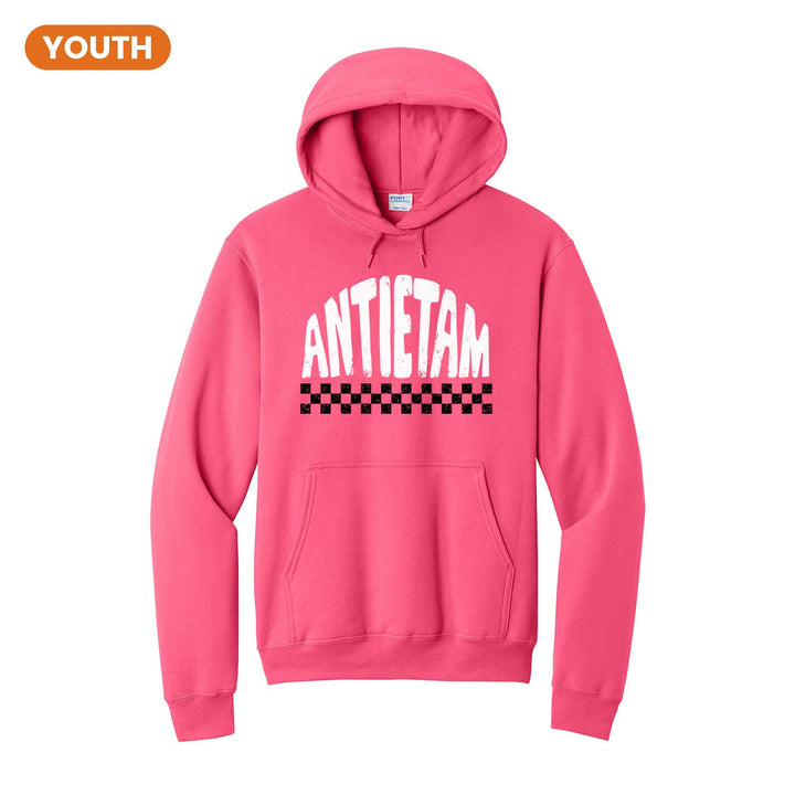 Antietam Mountaineers Checkered youth hoodie in Neon Pink: distressed ANTIETAM lettering over a checkerboard band