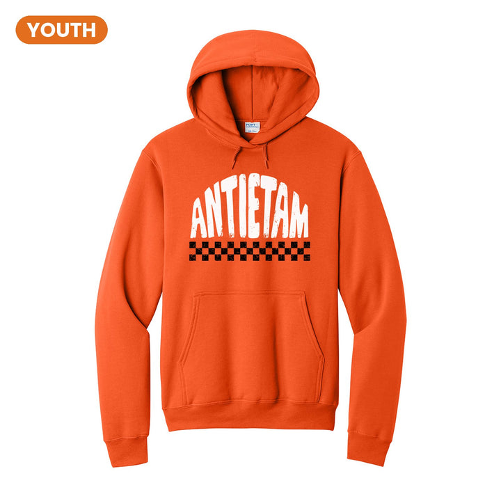 Antietam Mountaineers Checkered youth hoodie in Orange: distressed ANTIETAM lettering over a checkerboard band