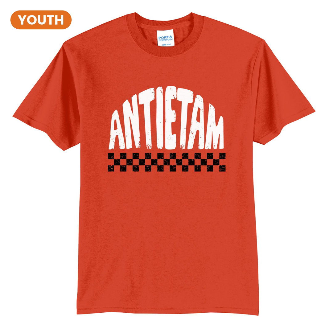 Antietam Mountaineers Checkered youth t-shirt in Orange: distressed ANTIETAM lettering over a checkerboard band