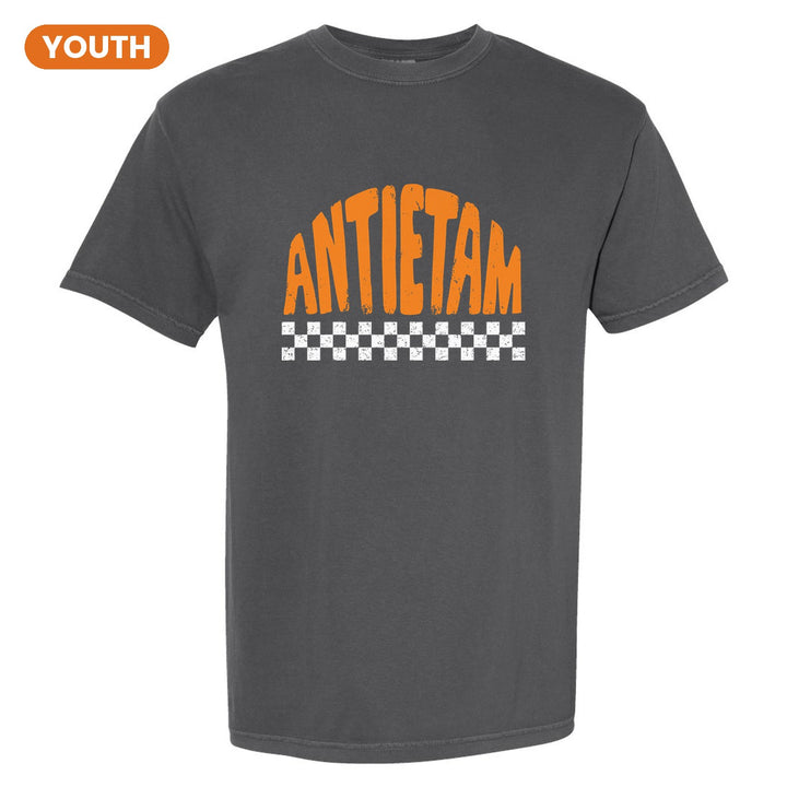 Antietam Mountaineers Checkered youth comfort colors t-shirt in Pepper: distressed ANTIETAM lettering over a checkerboard band