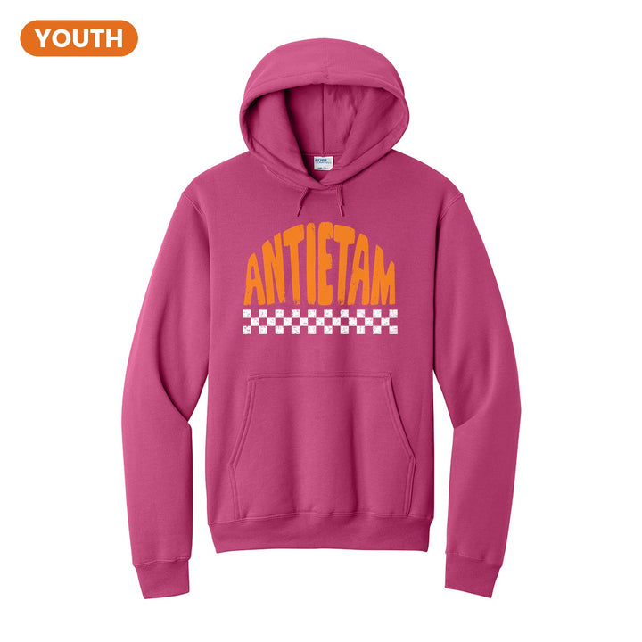 Antietam Mountaineers Checkered youth hoodie in Sangria: distressed ANTIETAM lettering over a checkerboard band