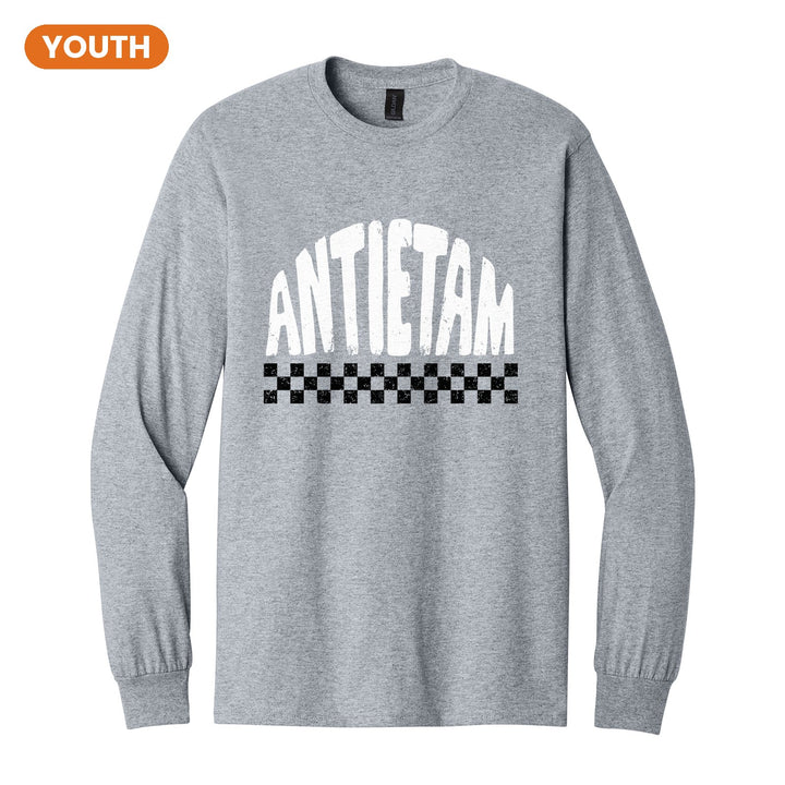 Antietam Mountaineers Checkered youth long sleeve t-shirt in Sport Grey: distressed ANTIETAM lettering over a checkerboard band