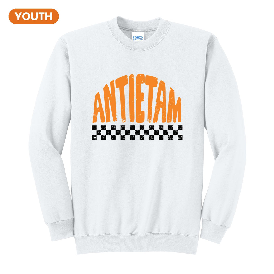 Antietam Mountaineers Checkered youth crewneck sweatshirt in White: distressed ANTIETAM lettering over a checkerboard band