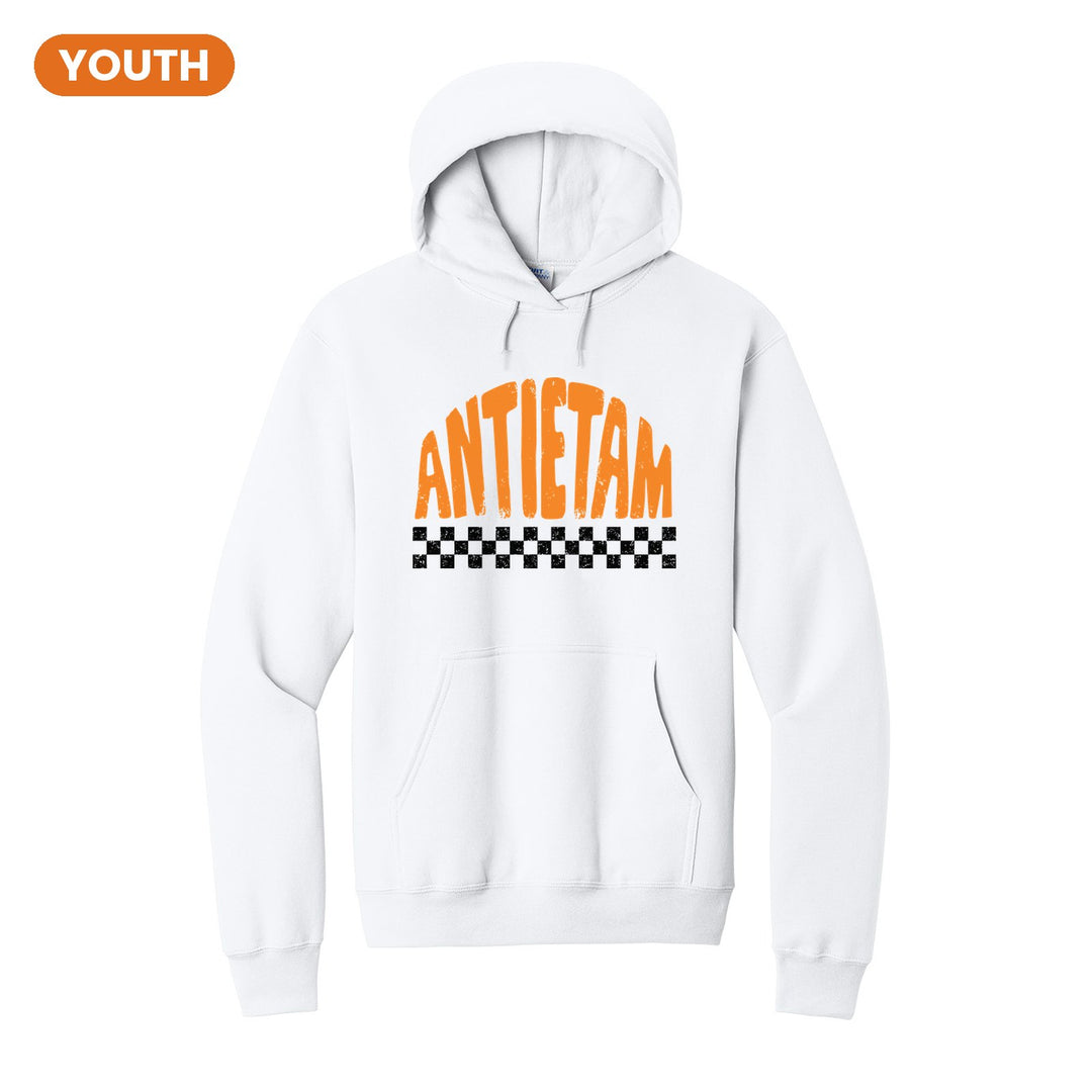 Antietam Mountaineers Checkered youth hoodie in White: distressed ANTIETAM lettering over a checkerboard band