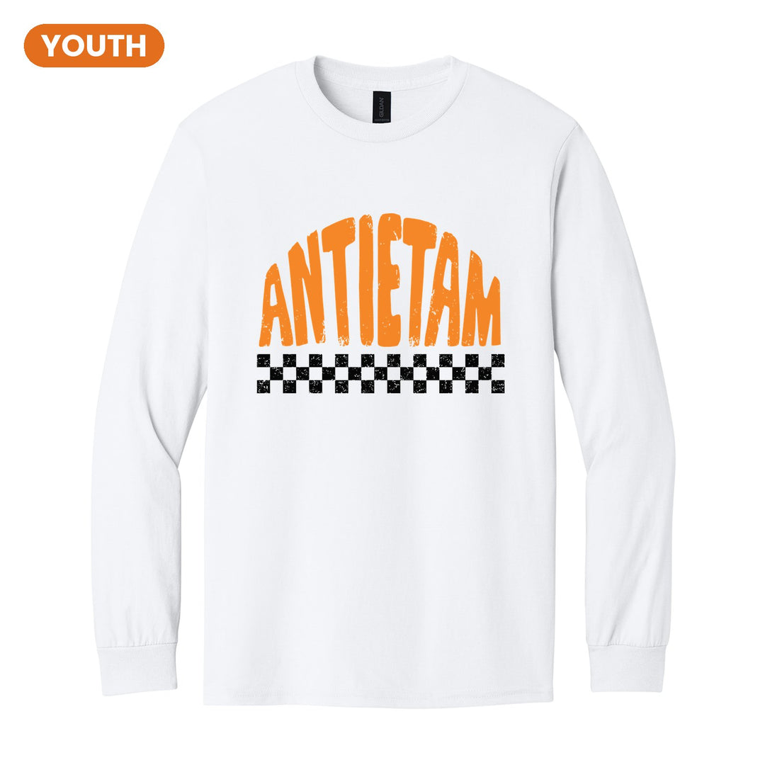 Antietam Mountaineers Checkered youth long sleeve t-shirt in White: distressed ANTIETAM lettering over a checkerboard band