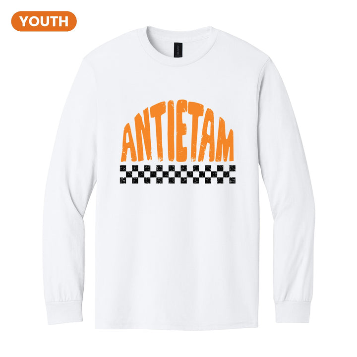 Antietam Mountaineers Checkered youth long sleeve t-shirt in White: distressed ANTIETAM lettering over a checkerboard band