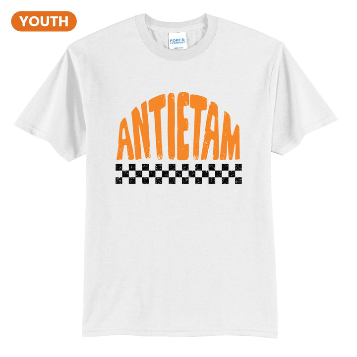 Antietam Mountaineers Checkered youth t-shirt in White: distressed ANTIETAM lettering over a checkerboard band